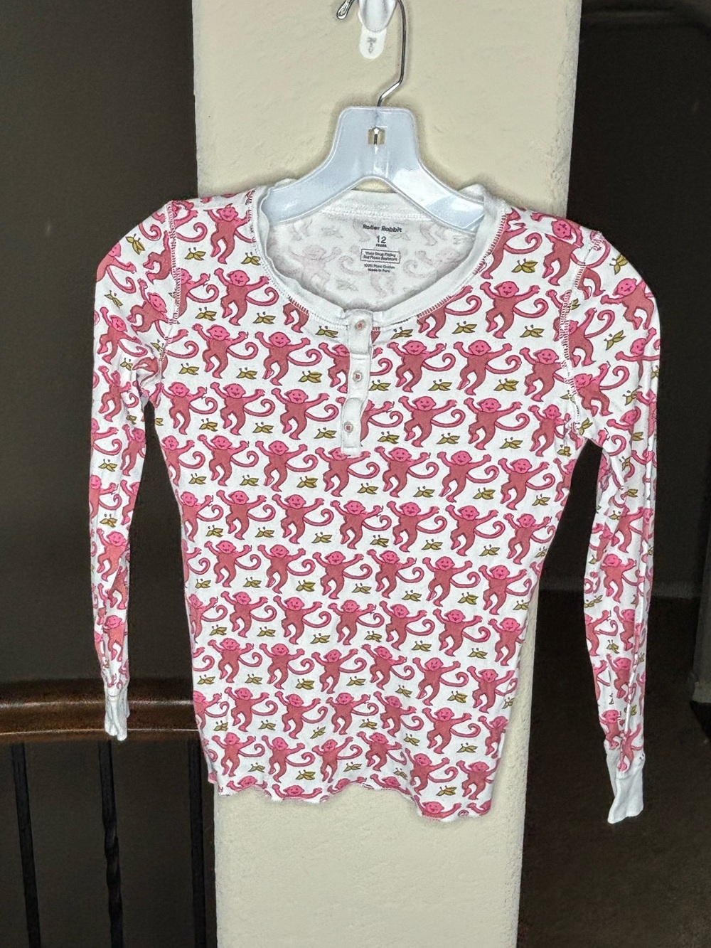 Roller Rabbit Henley Top with Pink Monkey Print Boho Trendy Colorful Size 12
